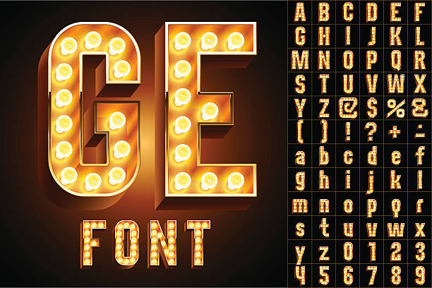 Yellow ultimate realistic lamp board alphabet Scalable vector set of letters, numbers and symbols in condense style for digital artwork and typography fete stock illustrations