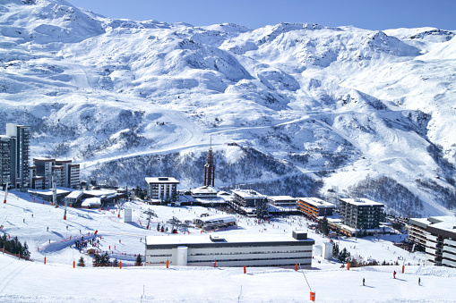 View of Alpine ski resort village in winter