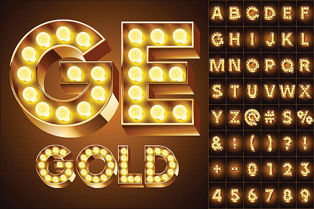 żółty realistyczne stare lampy światła alfabet dla modułu - entertainment bright carnival celebration stock illustrations