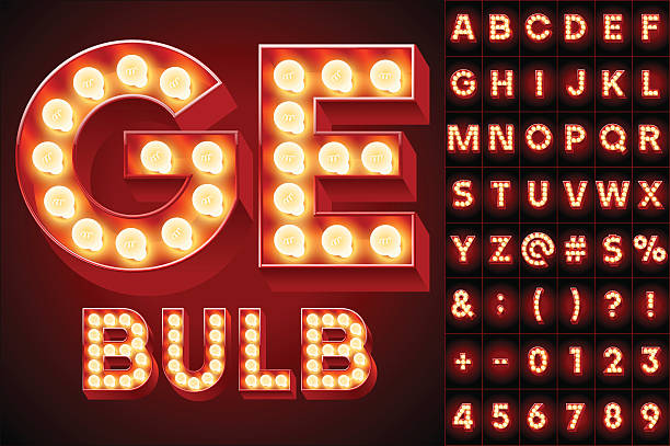 Red realistic old lamp alphabet for light board Scalable vector set of letters, numbers and symbols in quadrata style for digital artwork and typography carnival stock illustrations