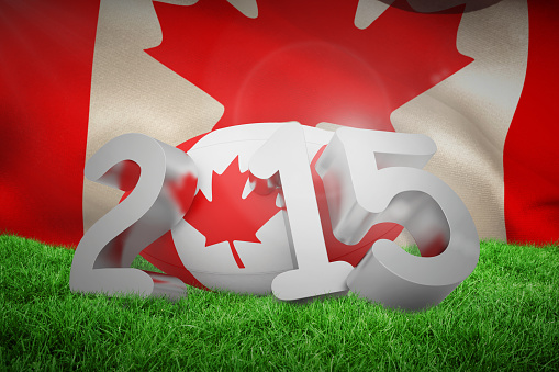 Canada rugby 2015 message  against close-up of waving canadian flag