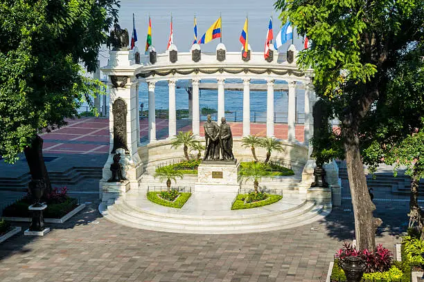 Front view of the historic building of La Rotonda at Malecon Simon Bolivar in Guayaquil, Ecuador. A tourist landmark on a sunny day with no people around.