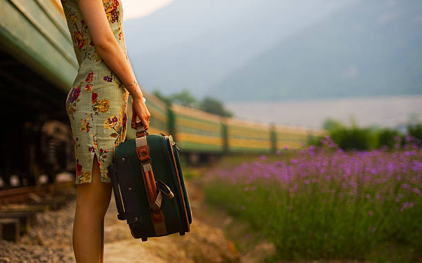 mujer joven llevando su equipaje en el antiguo retro vintage tren - stair rail fotografías e imágenes de stock