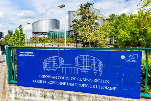 Strasbourg, France - April 22, 2014: Information sign of the European Court of Human Rights. The European Court of Human Rights is an international court established by the European Convention on Human Rights, it is located in Strasbourg, France.