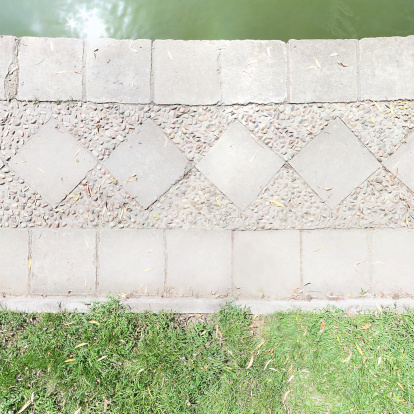 Top view of footpath by the water in a park.