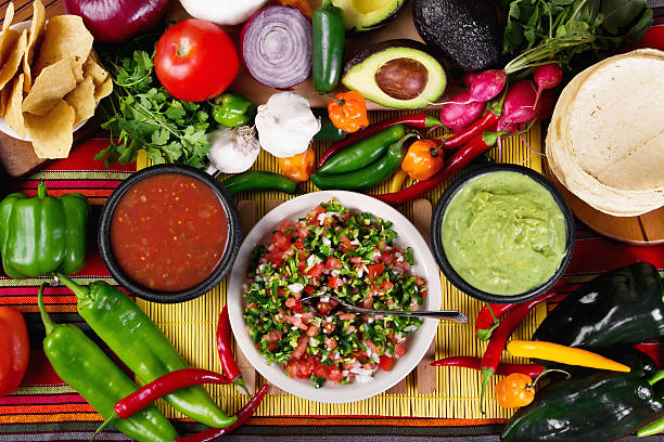 salsas - mexican culture food salsa mexican cuisine stock-fotos und bilder