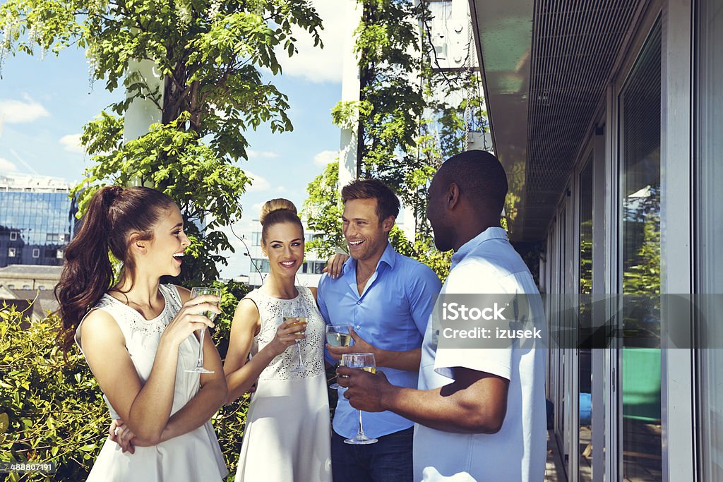 Outdoor party Group of friends enjoying their wine on the terrace with cityscape in the background.  High Society Stock Photo