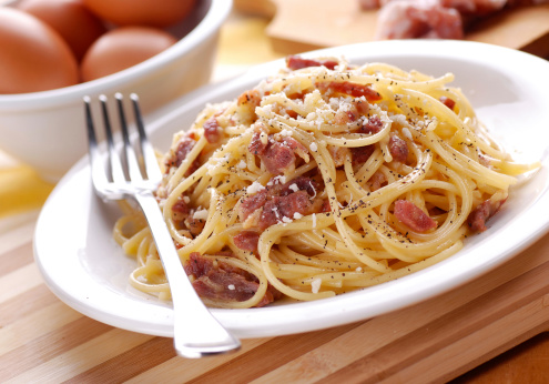 Spaghetti carbonara, a traditional Italian recipe