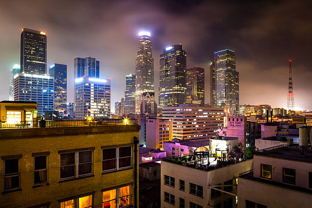 Rooftop view of  the downtown Los Angeles skyline and the Bunker Hill towers.