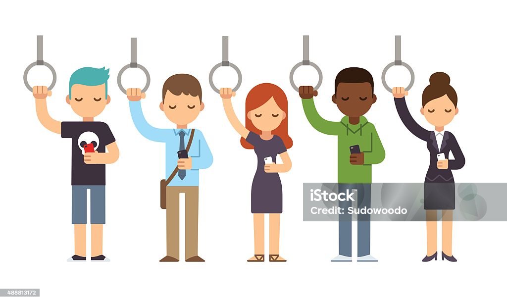 People on subway Diverse people on subway commute looking at smartphones. Vector illustration in simple flat style. Commuter stock vector