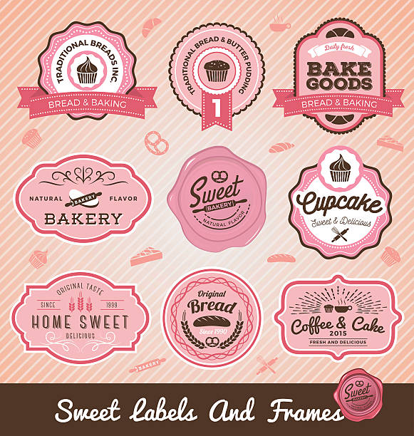 zestaw słodkie i chleb piekarnia wzór etykiety - bakery baked biscuit sweet food stock illustrations