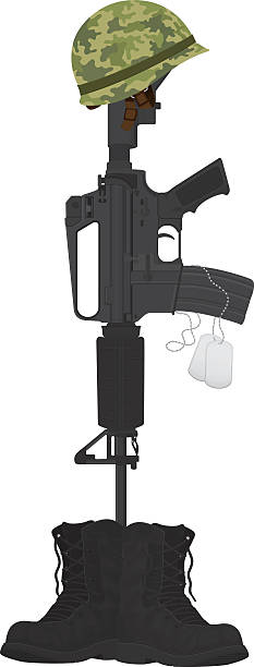 Military Battle Cross, Helmet and Machine Gun Military Battle Cross, Helmet, Machine Gun, Boots and Dog Tag. Vector Illustration. ww1 helmet stock illustrations