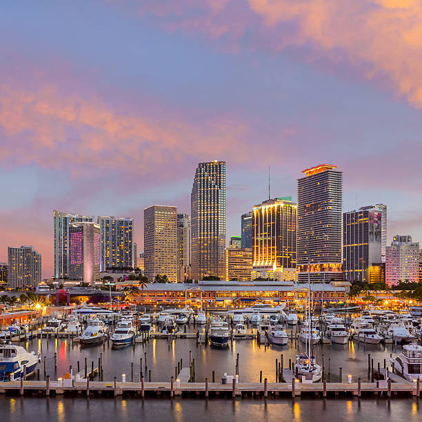 istock Miami city skyline panorama at twilight 488821284