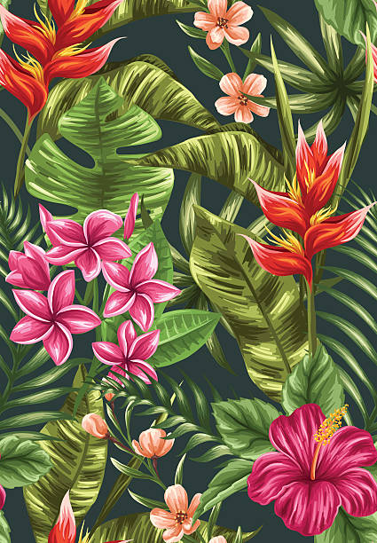 Floral seamless pattern Tropical floral seamless pattern with hibiscus, plumeria and heliconia flowers in watercolor style aloha single word stock illustrations