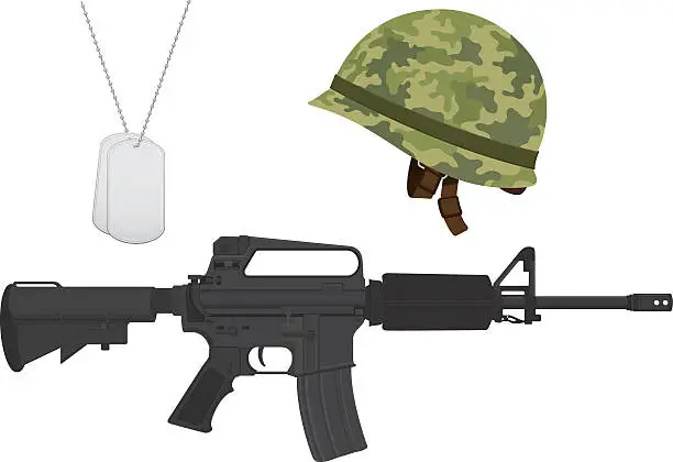 Vector illustration of Green Camouflage Military Helmet, Machine Gun, Dog Tags