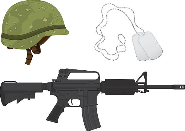 ilustraciones, imágenes clip art, dibujos animados e iconos de stock de verde camuflaje casco militar, machine gun, etiquetas de perro - casco militar
