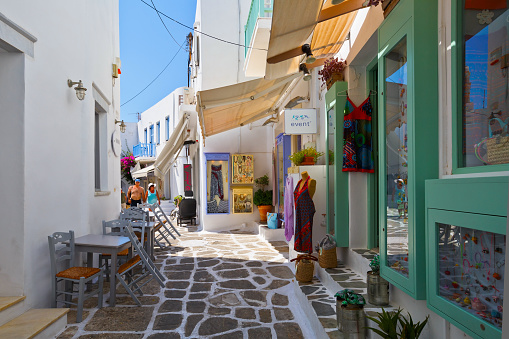 Naousa, Greece - September 05 2015: Shops in the streets of the old part of Naousa village on Paros island, Greece