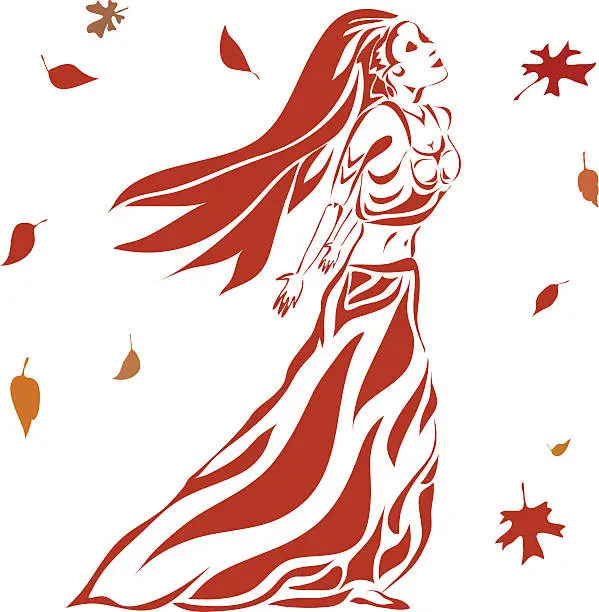 Vector illustration of sketch of a girl among falling autumn leaves