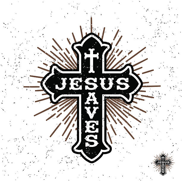 christian cross antique monochrome religious  vintage label , badge, crest "Jesus Saves" for flayer poster logo or t-shirt apparel clothing print with christian cross  lettering and starburst cross tattoo stock illustrations