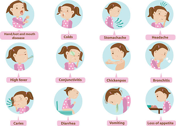 sick daughter Sick characters set of Children 12 diseases isolated vector illustration hand foot and mouth disease stock illustrations