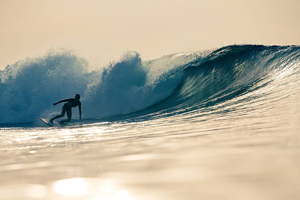 istock Backlit surfer girl bottom turns on a left 488847172