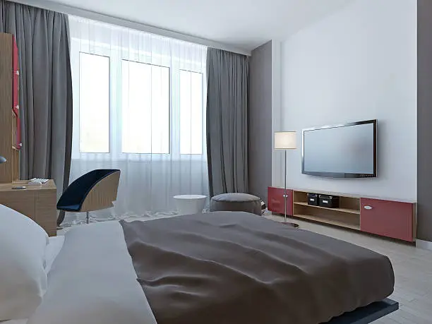 Bedroom with grey walls and niche. 3D render