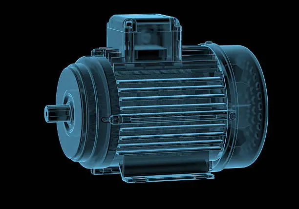 Electric motor with internals x-ray blue transparent isolated on black
