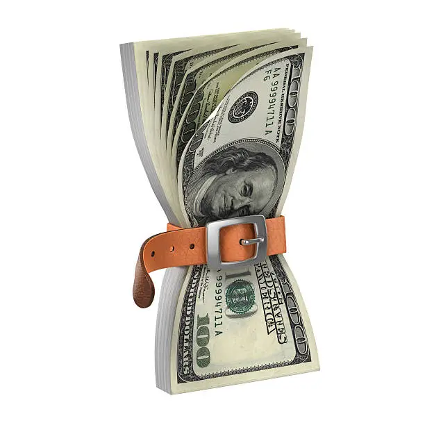 Photo of dollars with tighten belt - financial crisis 3d concept