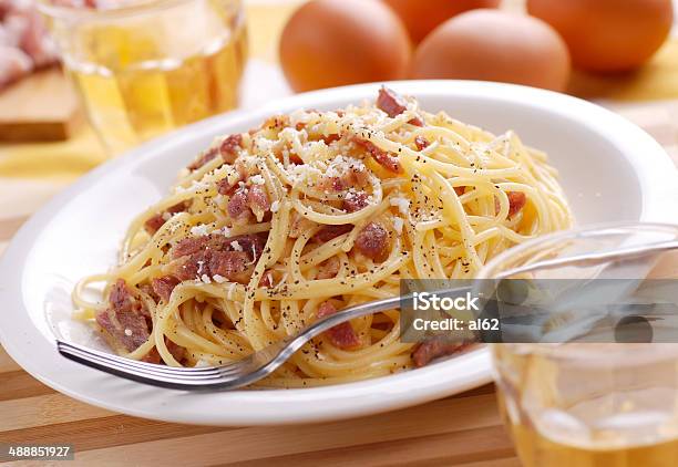 Spaghetti Carbonara In A White Dish Stock Photo - Download Image Now - Backgrounds, Bacon, Carbonara Sauce