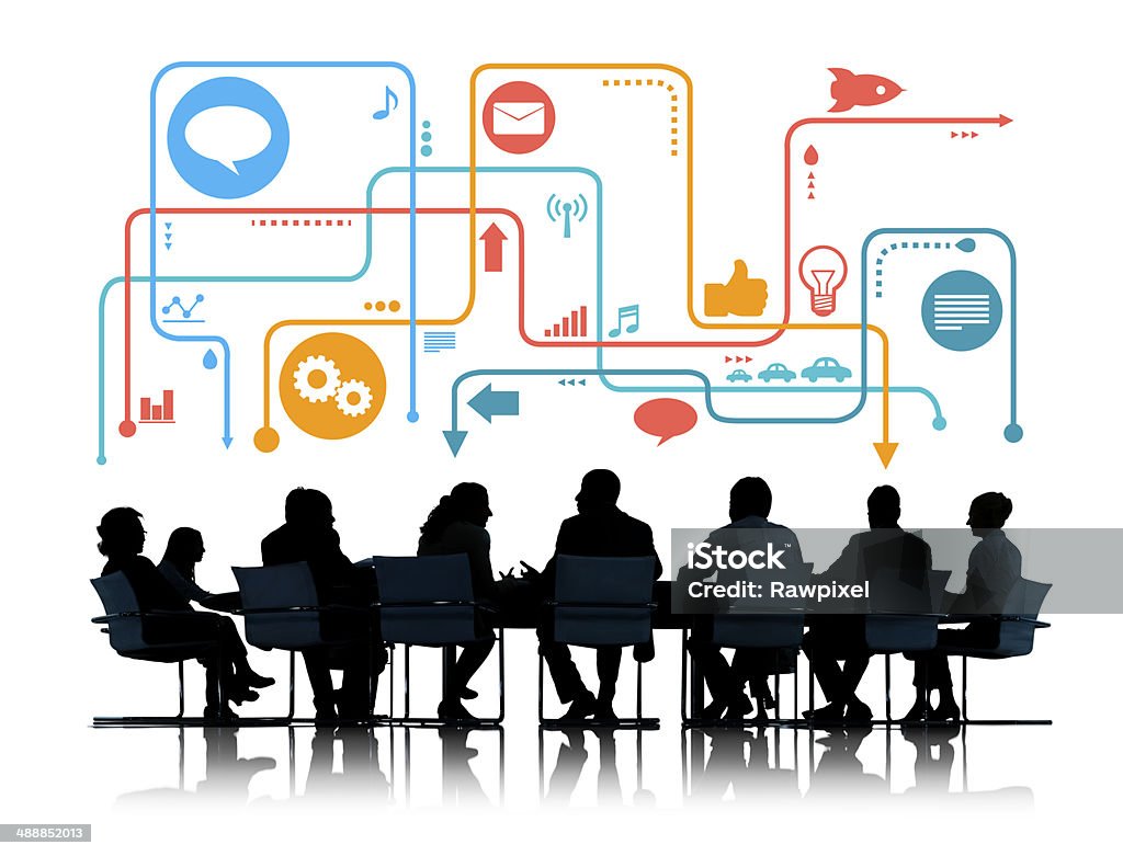 Silhouettes of Business People Meeting with Social Media Symbols Infographic Stock Photo