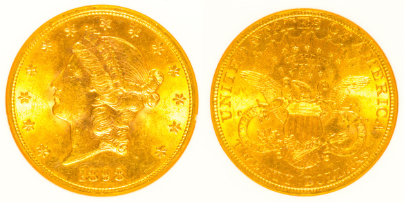 Front and back of a liberty head twenty dollar gold coin.