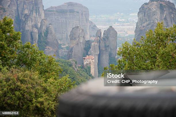 View To Meteora Monastery Over Landrover Tyre Stock Photo - Download Image Now - Camping, Horizontal, Landscape - Scenery