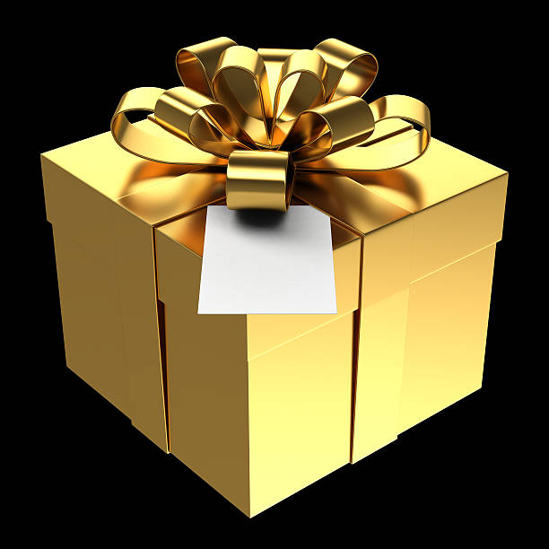 istock Golden gift box with paper card, Isolated on black 488853265