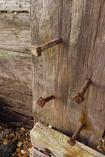istock Old bolts in wooden plank 488854613