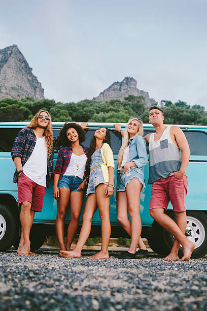 Friends near camper van