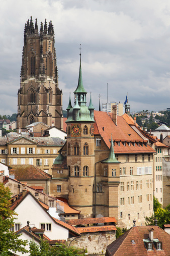 Cathedral of Saint Nicholas and Town Hall of Fribourg, Switzerland.