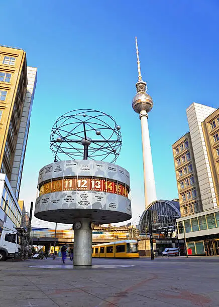 Tv tower and world clock at Alexanderplatz train station, Berlin, Germany
