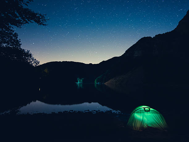 Sleeping In A Tent Near A Lake Under Starry Sky
