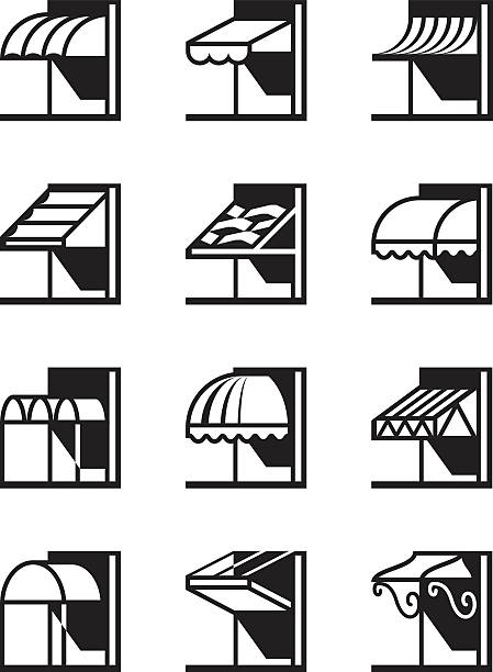 ilustraciones, imágenes clip art, dibujos animados e iconos de stock de doseles de edificios y toldos - toldo característica de edificio