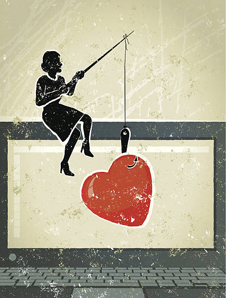 Little Businesswoman Fishing for Love on Computer What a Catch! A stylized vector cartoon of a Businesswoman fishing for love, reminiscent of an old screen print poster and suggesting work, love, catch, romance, temptation, alluring, or Valentine's, online, surfing the web or matchmaking. Computer, woman, heart, paper texture, and background are on different layers for easy editing. Please note: this is an eps 10 illustration and clipping masks have been used. fishing hook illustrations stock illustrations