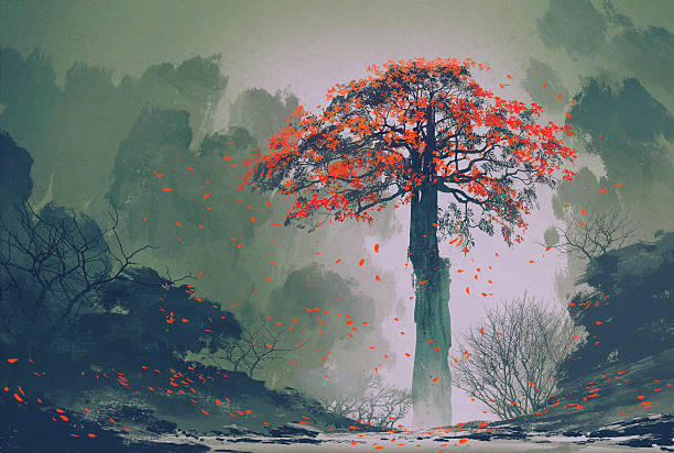 illustrations, cliparts, dessins animés et icônes de seul arbre automne rouge dans la forêt d'hiver - scenics autumn mystery vibrant color