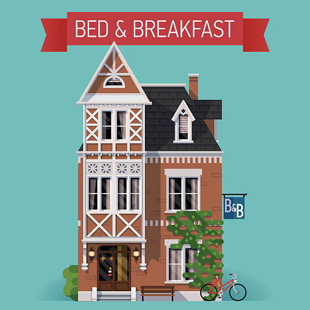 Travel decorative background with bed and breakfast building Beautiful vector flat design lodging and overnight accommodation web icon with cozy detailed bed and breakfast house in classic design bed and breakfast stock illustrations