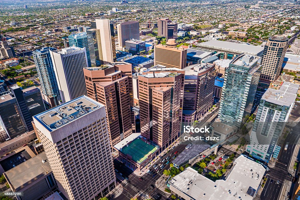 Phoenix Arizona, looming aerial view of downtown cityscape skyline skyscrapers downtown skyscrapers in Phoenix, Arizona. Phoenix - Arizona Stock Photo