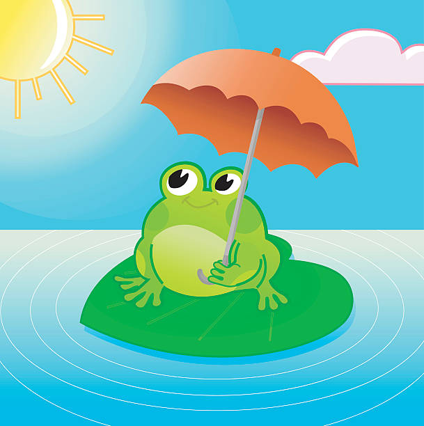 cute smiling Frog with an Umbrella. vector art illustration