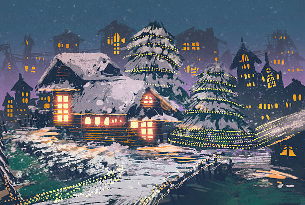 Christmas night scene of wooden houses with a christmas lights Christmas night scene of wooden houses with a christmas lights,illustration painting christmas oil painting stock illustrations
