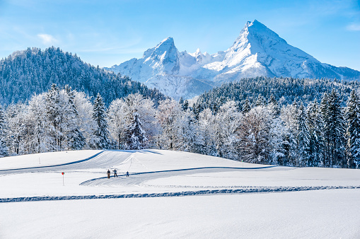 Panoramic view of beautiful winter landscape in the Bavarian Alps with cross-country slopes and famous Watzmann massif in the background, Nationalpark Berchtesgadener Land, Bavaria, Germany