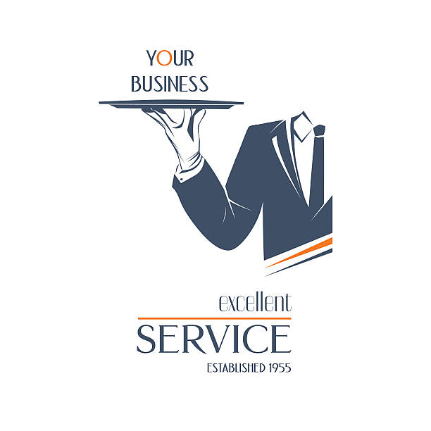 Man is holding a tray. Excellent service sign. Simple vector illustration logo, isolated. Man is holding a tray over white background. Excellent service sign. Classic banner or label for restaurants, cafe and any business.  butler stock illustrations