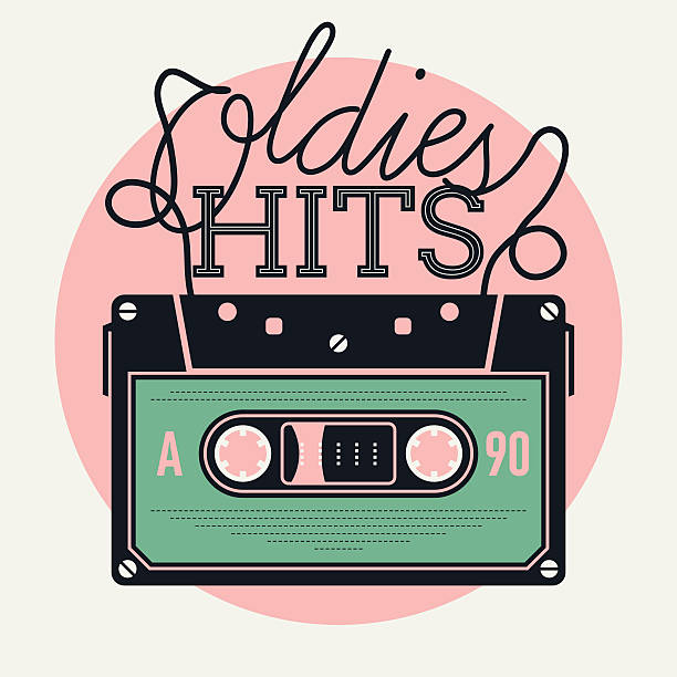 Oldies Hits round vector background Cool vector creative and detailed concept illustration on retro music and oldies hits with analogue audio cassette tape and lettering mixtape stock illustrations