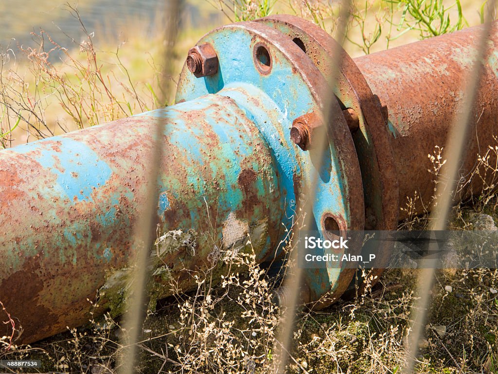 Rusty pipe Old rusty pipe connects industrial chemical plant 2015 Stock Photo