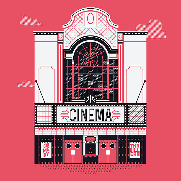 Movie theatre building facade Beautiful vector detailed fully decorated classic motion picture movie film theater building facade with marquee signboard. Entertainment design element on cinema house front entrance theatre building stock illustrations